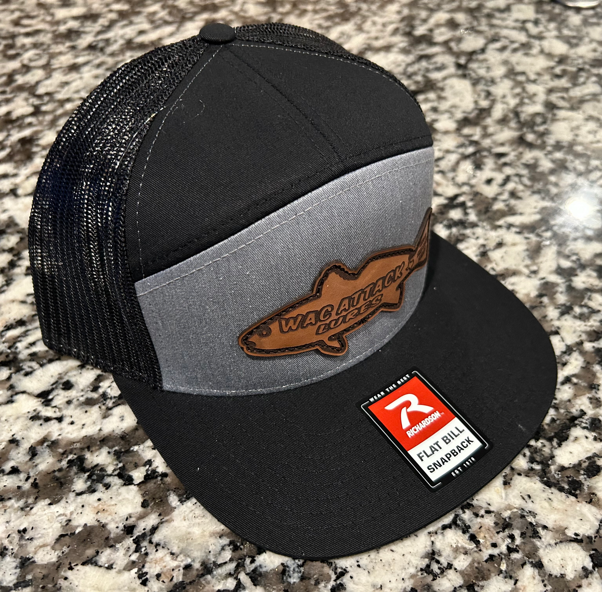 Black/Grey 7 Panel Flat Bill Hat – Wac Attack Lures